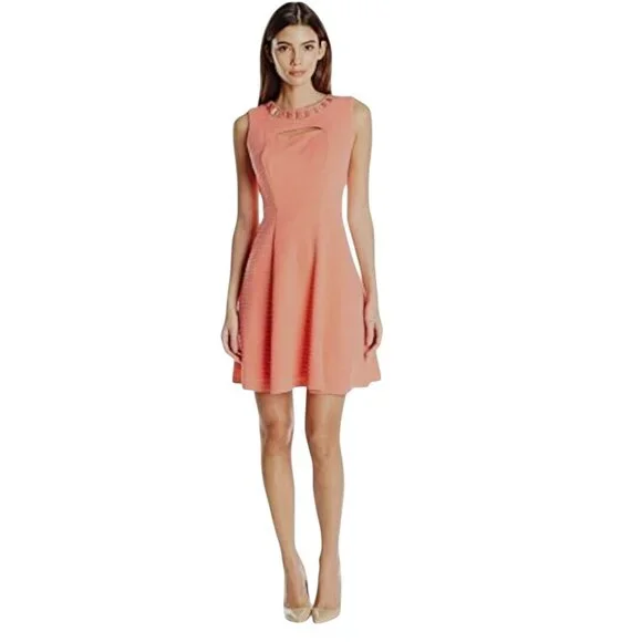 Sandra Darren Orange Coral Beaded Cutout Neckline Fit & Flare Dress Size 14 - Picture 10 of 10